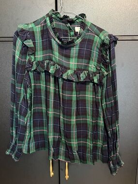 crown & ivy Green and Black Plaid Ruffle Blouse